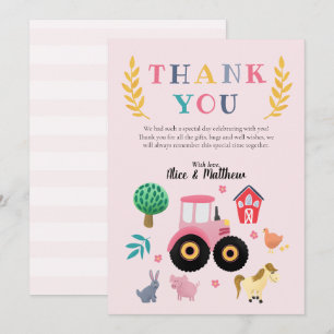 Carte De Remerciements Fille Animaux de Ferme Tracteur Rose Anniversaire 