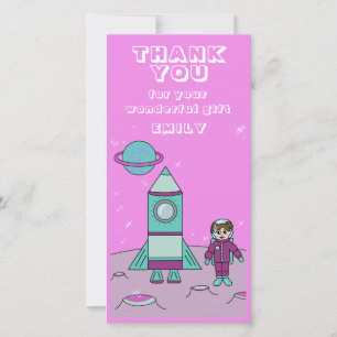 Carte De Remerciements Fille astronaute fusée spatiale rose anniversaire