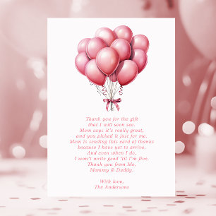 Carte De Remerciements Fille au ballon rose aquarelle Remerciements Baby