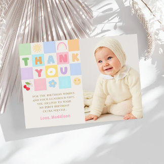Carte De Remerciements Fille au Gingham Coloré 1er Anniversaire Photo