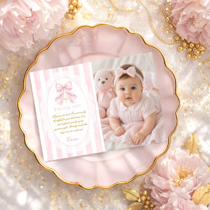 Carte De Remerciements Fille au nœud rose élégant Baptême Photo Plat