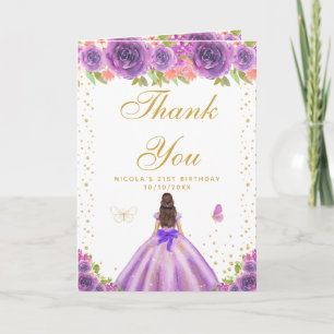 Carte De Remerciements Fille aux cheveux bruns Fleur violette Anniversair