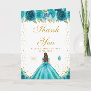 Carte De Remerciements Fille aux cheveux bruns floraux sarcelle Sweet Six