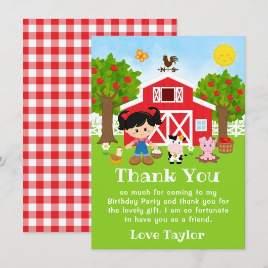 Carte De Remerciements Fille aux cheveux noirs pour anniversaire rouge fe (Devant / Derrière)