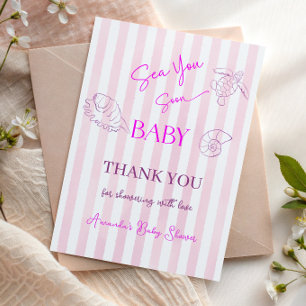 Carte De Remerciements Fille aux rayures roses côtières Mer Bientôt Toi B