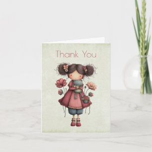 Carte De Remerciements Fille avec une poupée grenouille mignonne fantaisi