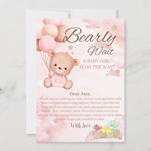 Carte De Remerciements Fille Baby shower ours (Devant)