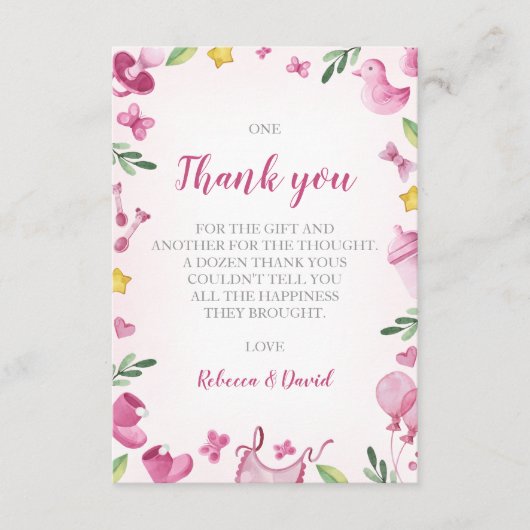 Carte de remerciements fille baby shower | Rose | (Devant)