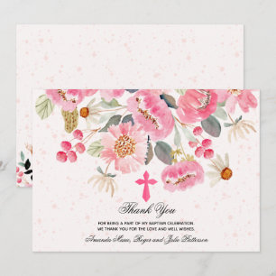 Carte De Remerciements Fille Baptême Aquarelle rose Floral