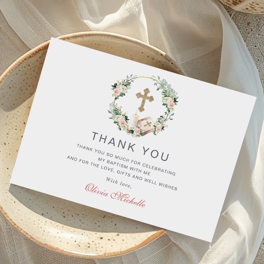 Carte De Remerciements Fille Baptême Christening Floral Photo