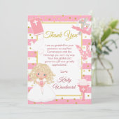 Carte De Remerciements Fille blonde avec rayure rose Première Sainte Comm (Debout devant)