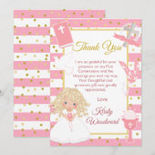 Carte De Remerciements Fille blonde avec rayure rose Première Sainte Comm (Devant / Derrière)