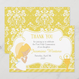 Carte De Remerciements Fille blonde Première communion Damas