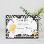 Carte De Remerciements Fille blonde Première communion Damas (Debout devant)