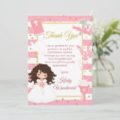Carte De Remerciements Fille brune à rayure rose Première Sainte Communio (Debout devant)