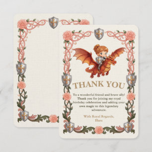 Carte De Remerciements Fille Chevalier Capricieuse et Dragon Premier Anni