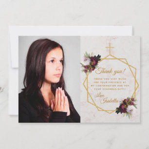 Carte De Remerciements Fille Confirmation Bourgogne Peony Gold Cross Marb