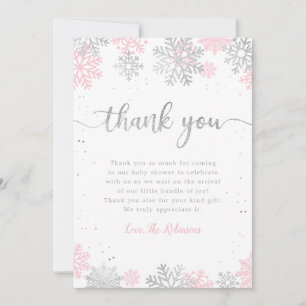 Carte De Remerciements Fille de l'hiver Flocons de neige Rose et Argent B