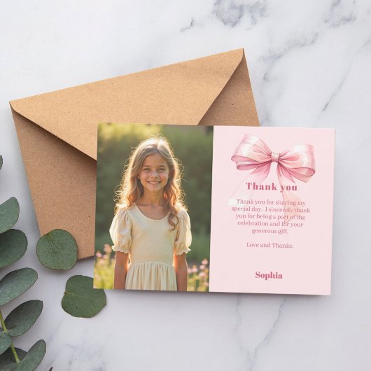 Carte De Remerciements Fille de photo rose d'anniversaire avec noeud