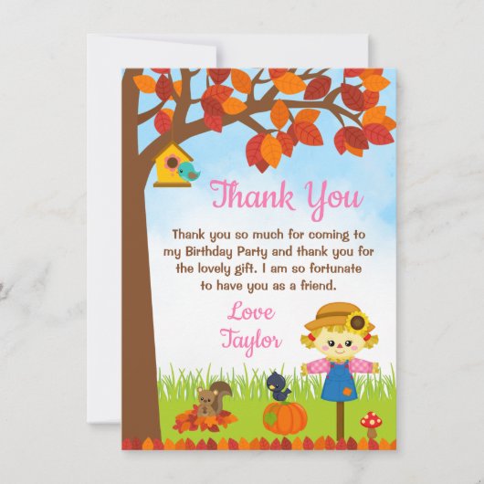 Carte De Remerciements Fille Épouvantail d'Automne Anniversaire (Devant)