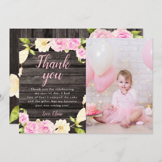 Carte De Remerciements Fille Fleur Rose Rustique Anniversaire Photo Perso (Devant / Derrière)