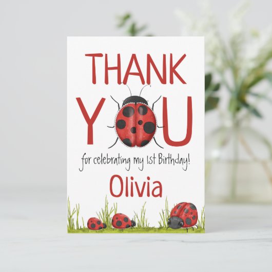 Carte De Remerciements Fille Ladybug 1ère fête d'anniversaire (Debout devant)