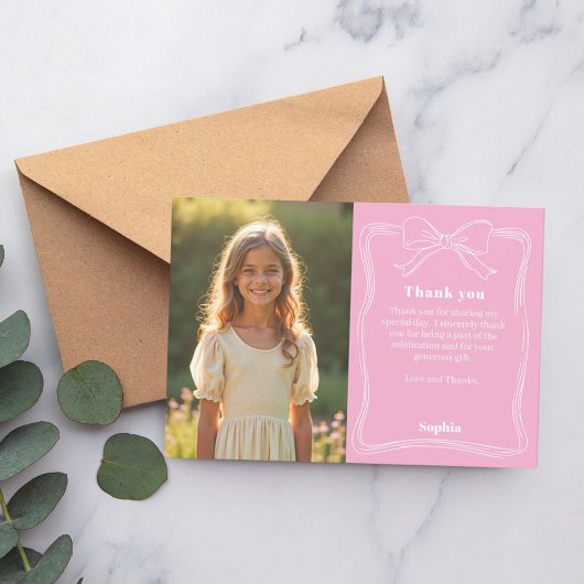 Carte De Remerciements Fille photo d'anniversaire rose noeud