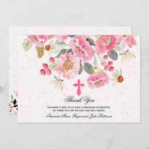 Carte De Remerciements Fille première communion aquarelle rose floral