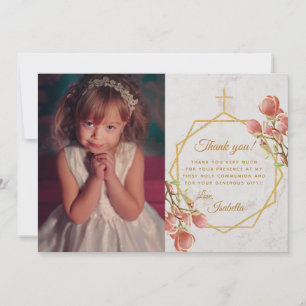 Carte De Remerciements Fille première communion marbre or rose Magnolia