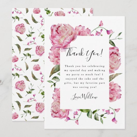 Carte De Remerciements Fille rose florale fête d'anniversaire (Devant / Derrière)