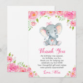 Carte De Remerciements Fille rose Premier Anniversaire Elephant Petit Ara (Devant / Derrière)
