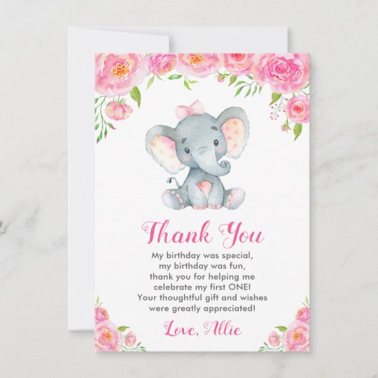 Carte De Remerciements Fille rose Premier Anniversaire Elephant Petit Ara (Devant)