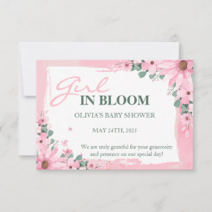 Carte De Remerciements Fille rose rousse dans le Baby shower fleuri