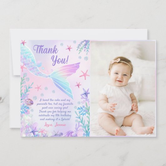 Carte De Remerciements Fille Sirène Fête d'anniversaire Photo (Devant)