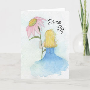 Carte De Remerciements Fille tenant une fleur rose géante "Dream Big"