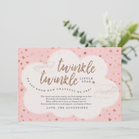 Carte De Remerciements Filles de l'étoile brillante, rose, Baby Shower (Debout devant)
