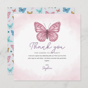 Carte De Remerciements Filles mignonnes Aquarelle rose Papillon Enfants