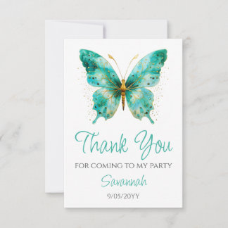 Carte De Remerciements Filles mignonnes papillon vert Turquoise 1er anniv