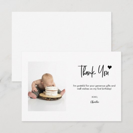 Carte De Remerciements First Birthday Custom Photo Modern script note  (Devant / Derrière)