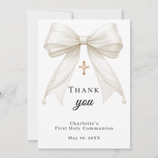 Carte De Remerciements First Communion bow white ivory pearls (Devant)