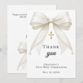 Carte De Remerciements First Communion bow white ivory pearls (Devant / Derrière)