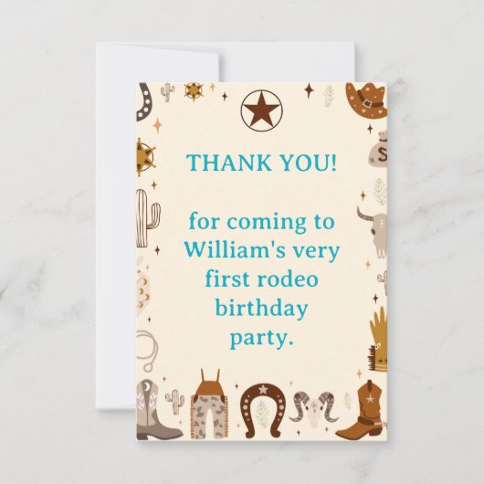 Carte De Remerciements First Rodeo Cowboy First Birthday (Devant)