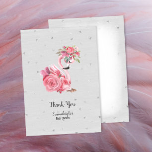 Carte De Remerciements Flamant rose Aquarelle Argent Baby shower Ballerin