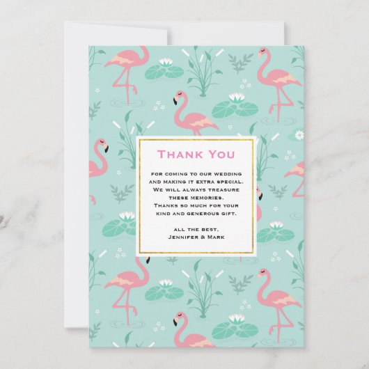 Carte De Remerciements Flamants roses rose Pastel sur Mariage Motif vert (Devant)