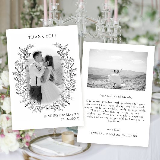 Carte De Remerciements Fleur blanche noire couronne boho chic Mariage Pho