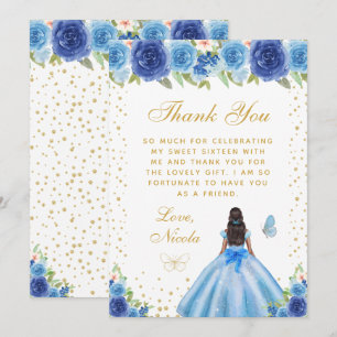 Carte De Remerciements Fleur Bleue Princesse à peau foncée Sweet Sixteen