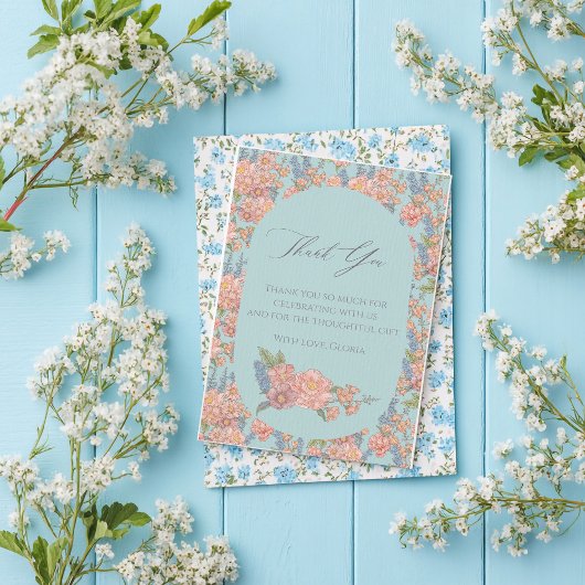 Carte De Remerciements Fleur chic rose et bleu shabby