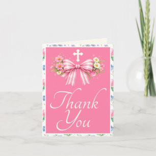 Carte De Remerciements Fleur de la première communion de fille rose