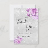 Carte De Remerciements Fleur de parties scintillant violet argent d'anniv (Devant)