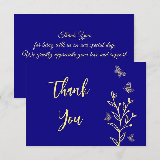 Carte De Remerciements Fleur d'or simple bleu mariage (Devant / Derrière)